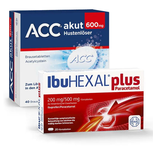 SparSet: 1x ACC akut 600 Brausetabletten* 40 St + 1x IBUHEXAL plus Paracetamol 200 mg/500 mg Filmtabl.* 20 St